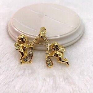 Kirks Folly Wishbone Cherub Angels Figural Brooch Pin Gold-tone Vintage Signed